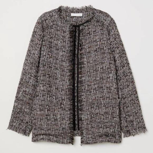 H&M Frayed Tweed Sequin Cropped Jacket Open-front Blazer Size 6 - Picture 1 of 12